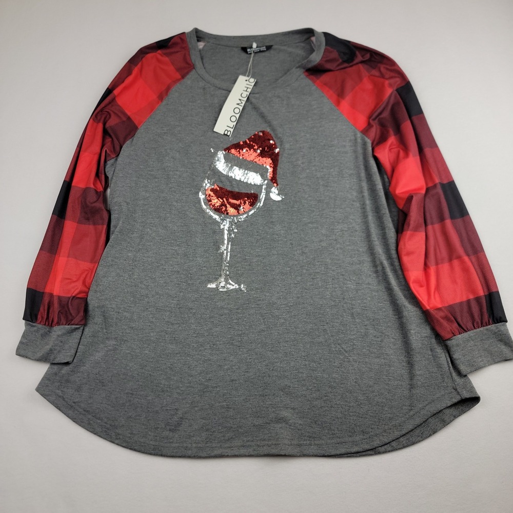 BloomChic Christmas Wine Glass Sequin Top Buffalo Plaid Raglan Gray Red 14-16